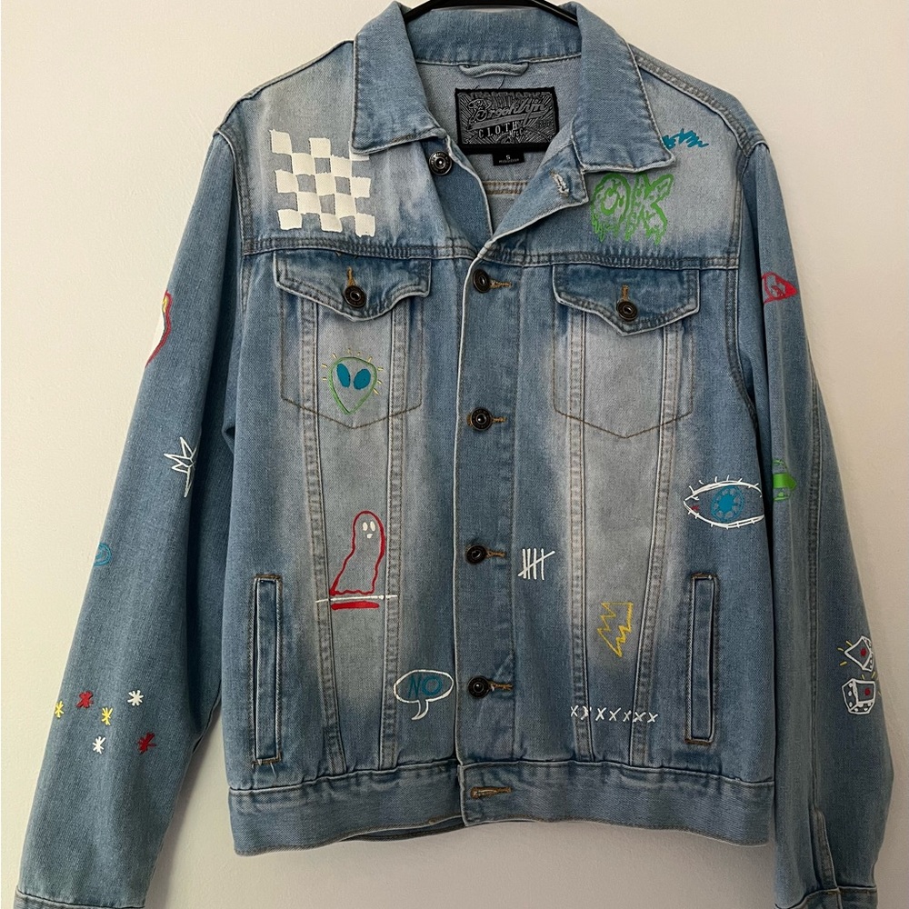 Brooklyn Cloth Savage Light Wash Denim Jacket Embroidered Hand Painted Men Smal